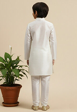 Embroidered Dupion Silk Kurta Set in White