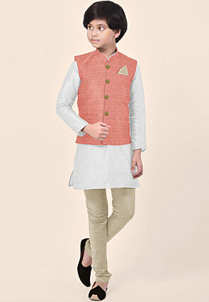 Embroidered Dupion Silk Kurta Set in White
