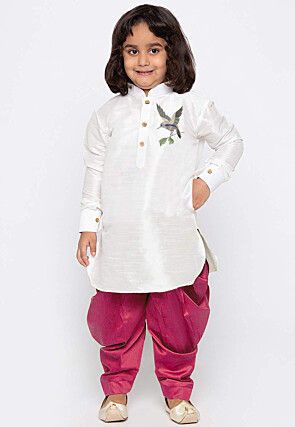Embroidered Dupion Silk Kurta Set in White