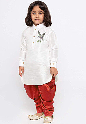 Embroidered Dupion Silk Kurta Set in White