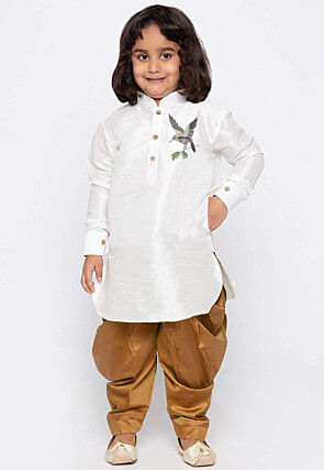 Embroidered Dupion Silk Kurta Set in White