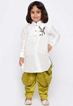 Embroidered Dupion Silk Kurta Set in White