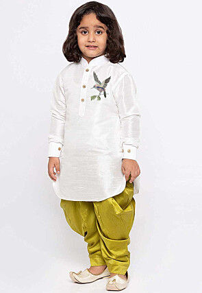 Embroidered Dupion Silk Kurta Set in White