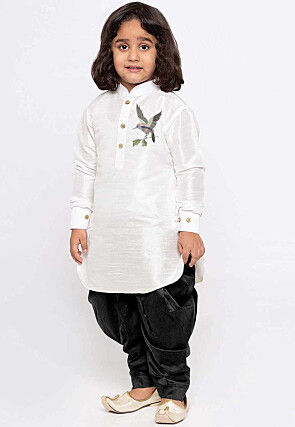 Embroidered Dupion Silk Kurta Set in White