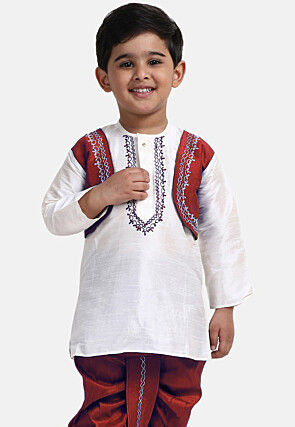 Embroidered Dupion Silk Kurta Set in White