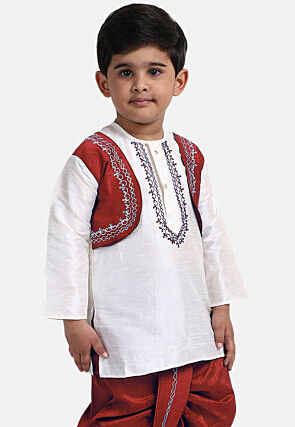 Embroidered Dupion Silk Kurta Set in White