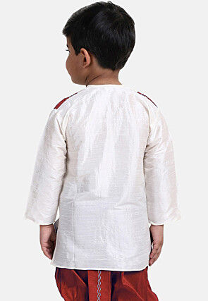 Embroidered Dupion Silk Kurta Set in White