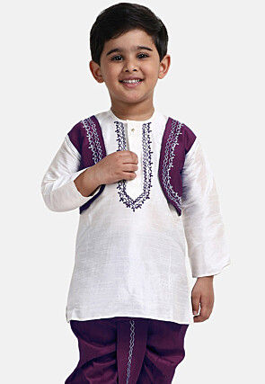Embroidered Dupion Silk Kurta Set in White