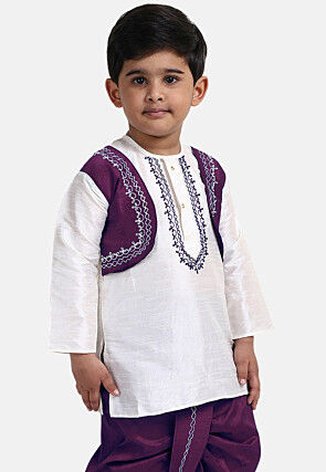 Embroidered Dupion Silk Kurta Set in White