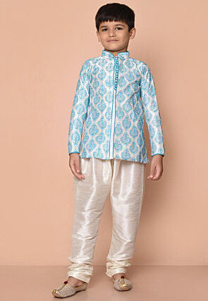 Embroidered Dupion Silk Kurta Set in White