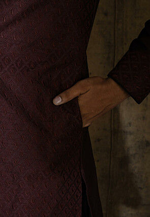 Embroidered Dupion Silk Kurta Set in Wine