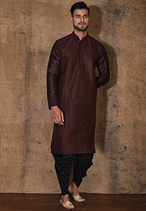 Embroidered Dupion Silk Kurta Set in Wine