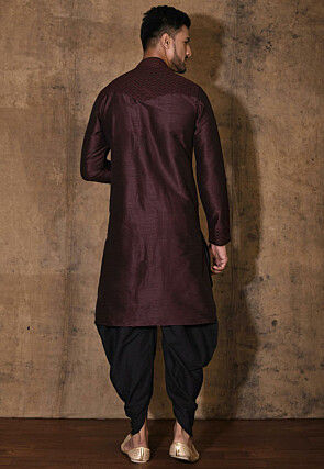 Embroidered Dupion Silk Kurta Set in Wine