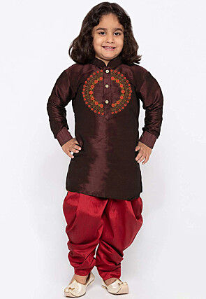 Embroidered Dupion Silk Kurta Set in Wine