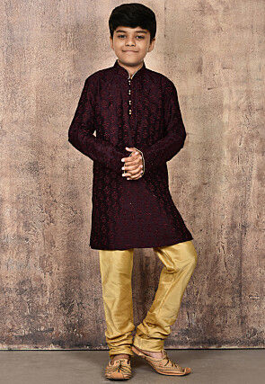 Embroidered Dupion Silk Kurta Set in Wine