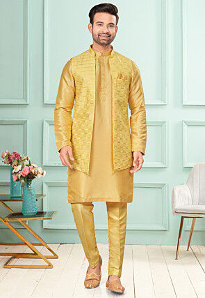 Embroidered Dupion Silk Kurta Set in Yellow