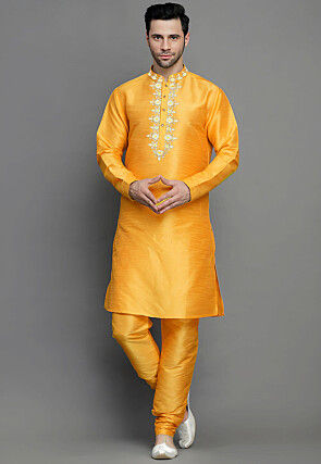 Embroidered Dupion Silk Kurta Set in Yellow