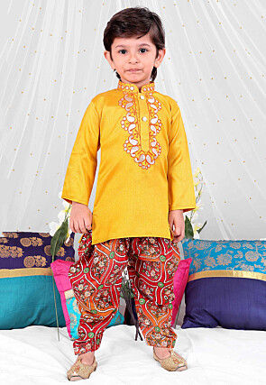 Embroidered Dupion Silk Kurta Set in Yellow