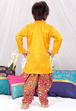 Embroidered Dupion Silk Kurta Set in Yellow