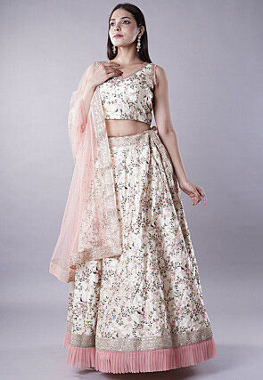 Embroidered Dupion Silk Lehenga in Beige