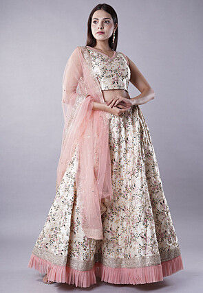 Embroidered Dupion Silk Lehenga in Beige