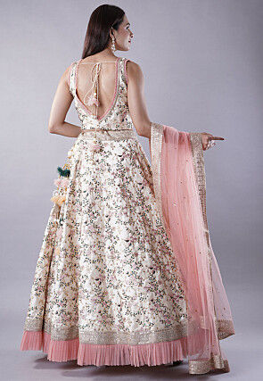 Embroidered Dupion Silk Lehenga in Beige