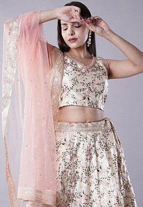 Embroidered Dupion Silk Lehenga in Beige