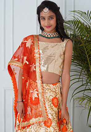 Embroidered Dupion Silk Lehenga in Beige