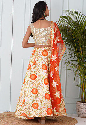 Embroidered Dupion Silk Lehenga in Beige