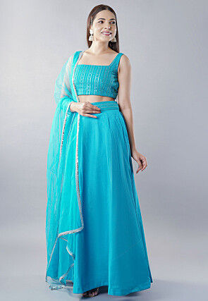 Embroidered Dupion Silk Lehenga in Blue