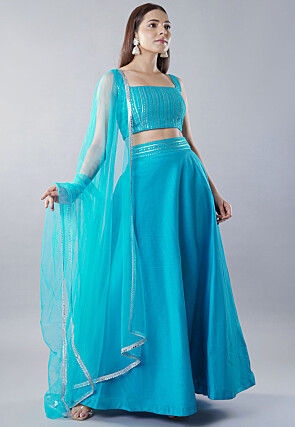 Embroidered Dupion Silk Lehenga in Blue
