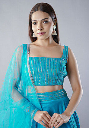 Embroidered Dupion Silk Lehenga in Blue