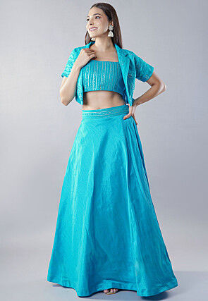Embroidered Dupion Silk Lehenga in Blue