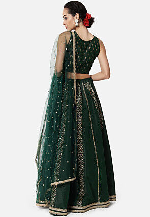 Embroidered Dupion Silk Lehenga in Dark Green
