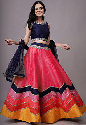 Embroidered Dupion Silk Lehenga in Fuchsia