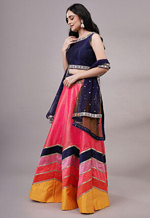 Embroidered Dupion Silk Lehenga in Fuchsia