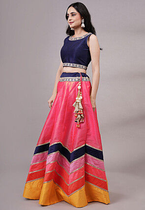 Embroidered Dupion Silk Lehenga in Fuchsia