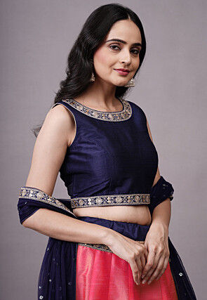 Embroidered Dupion Silk Lehenga in Fuchsia