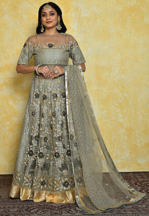 Embroidered Dupion Silk Lehenga in Grey