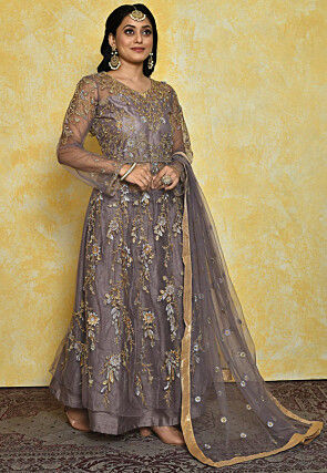 Embroidered Dupion Silk Lehenga in Lilac