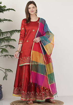 Embroidered Dupion Silk Lehenga in Maroon