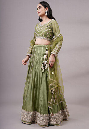 Embroidered Dupion Silk Lehenga in Olive Green