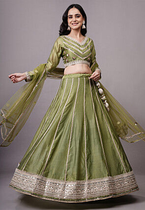 Embroidered Dupion Silk Lehenga in Olive Green