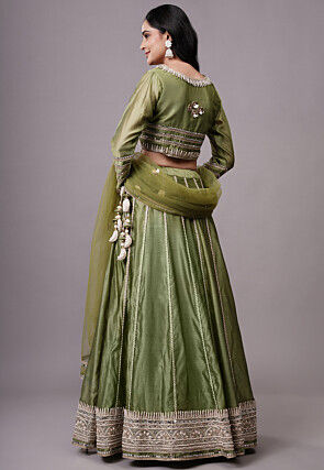 Embroidered Dupion Silk Lehenga in Olive Green