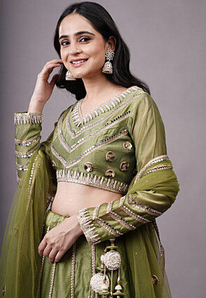 Embroidered Dupion Silk Lehenga in Olive Green