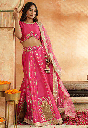 Embroidered Dupion Silk Lehenga in Pink