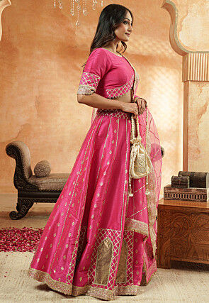 Embroidered Dupion Silk Lehenga in Pink