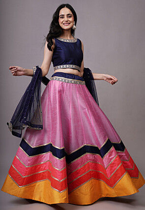 Embroidered Dupion Silk Lehenga in Pink