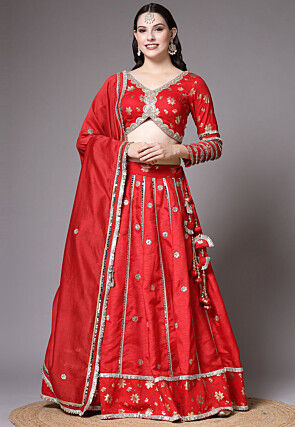 Foil Printed Dupion Lehenga in Red