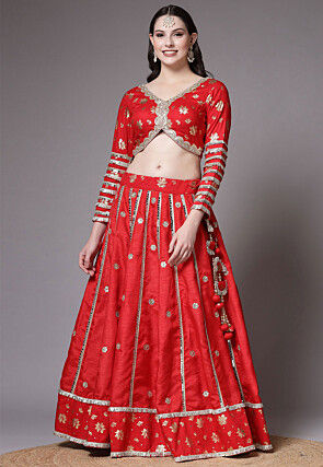 Foil Printed Dupion Lehenga in Red